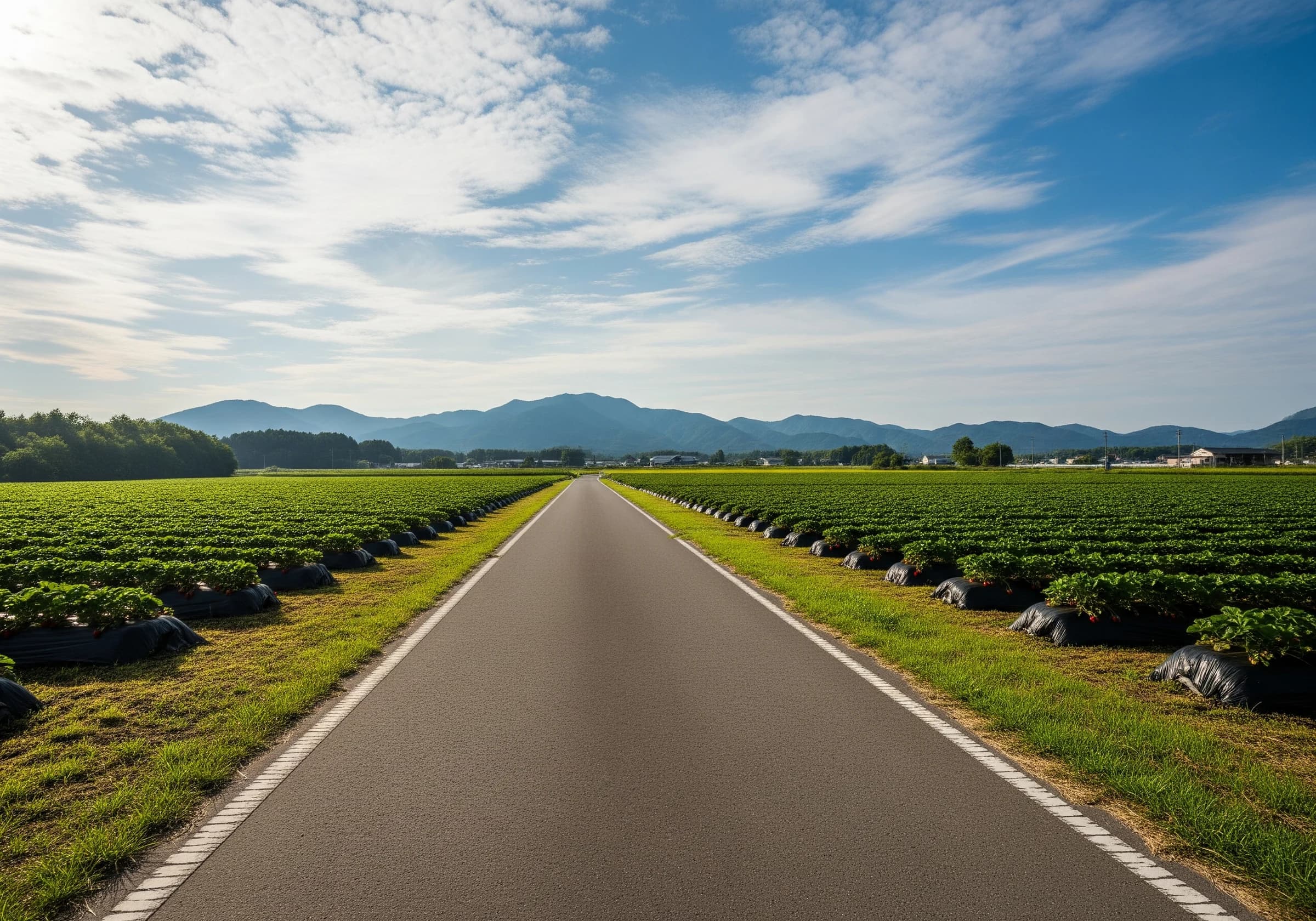農園へ向かう栃木県内の道路と畑の風景